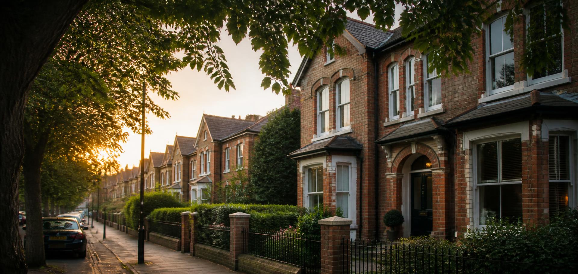 Tree-lined South Manchester street of red brick houses at golden hour